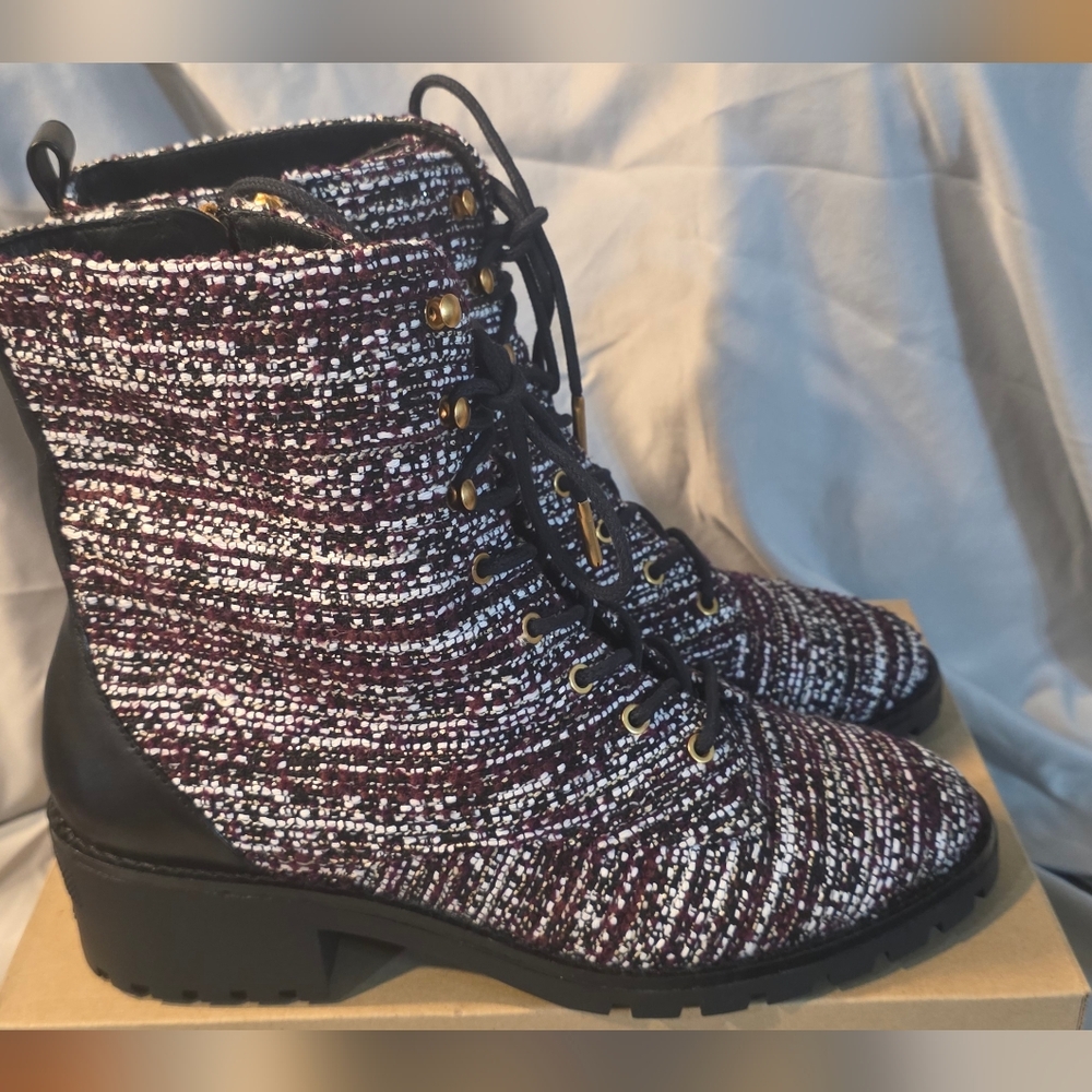 Tory Burch Womens Miller Lug Sole Boots Black Multi Tweed Size 10.5 NWOB Defects